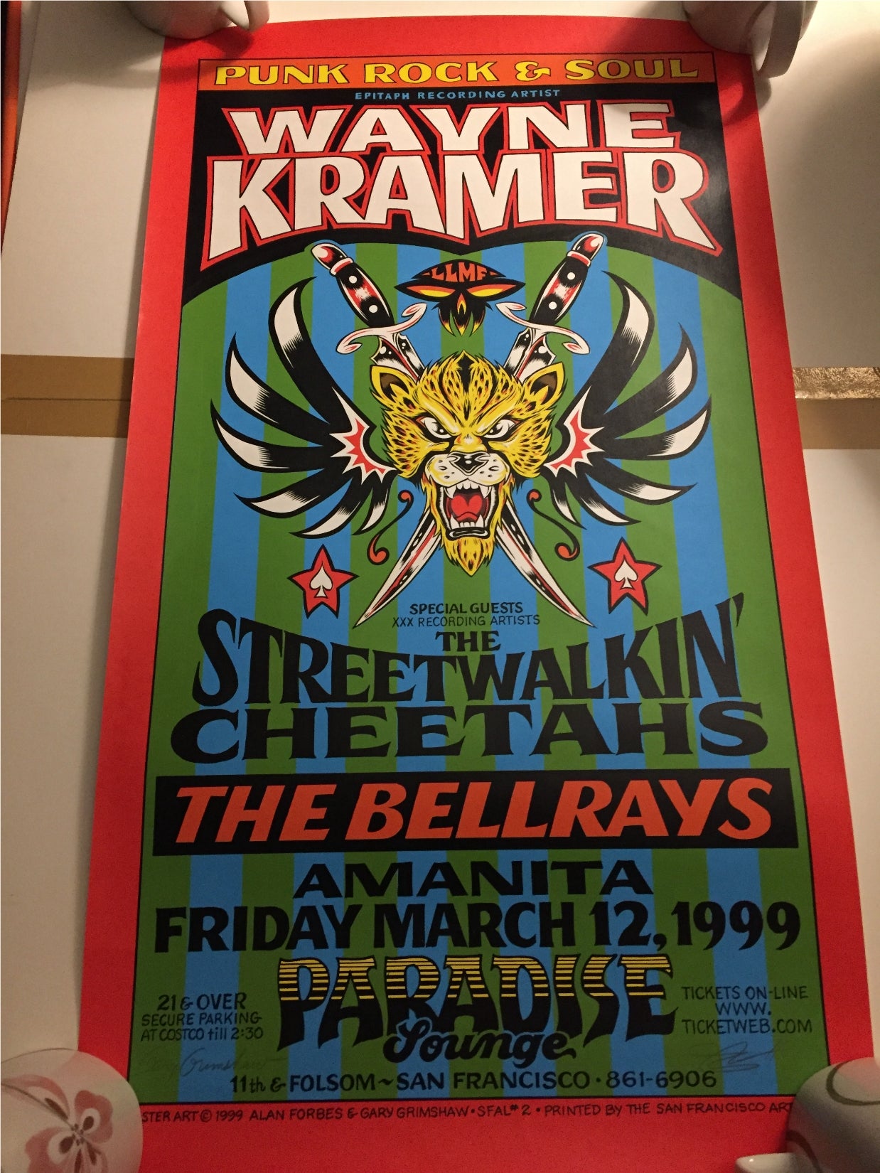 Gary Grimshaw Signed Wayne Kramer and The Bellrays in San Francisco poster