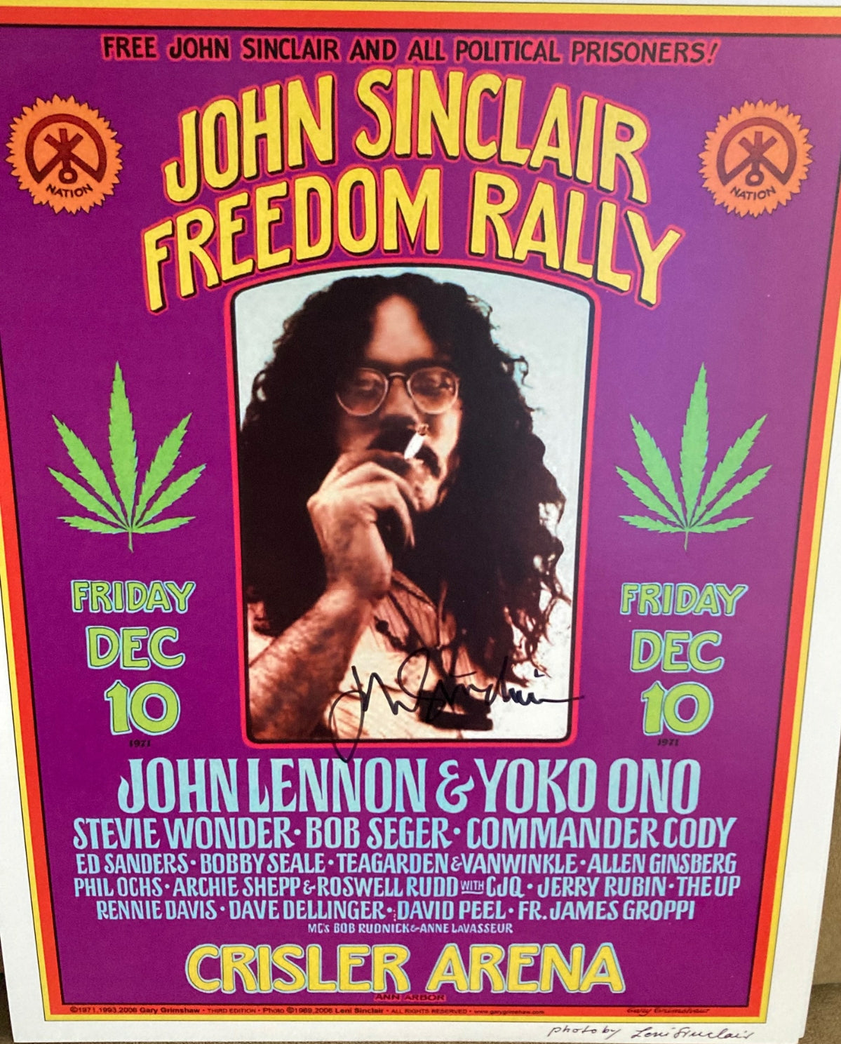 Ten 4 Two John Sinclair Freedom Rally Leni Sinclair poster signed by John Sinclair & Leni Sinclair